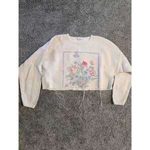 Custom Cropped Floral Print Sweatshirt Casual Distressed Hem